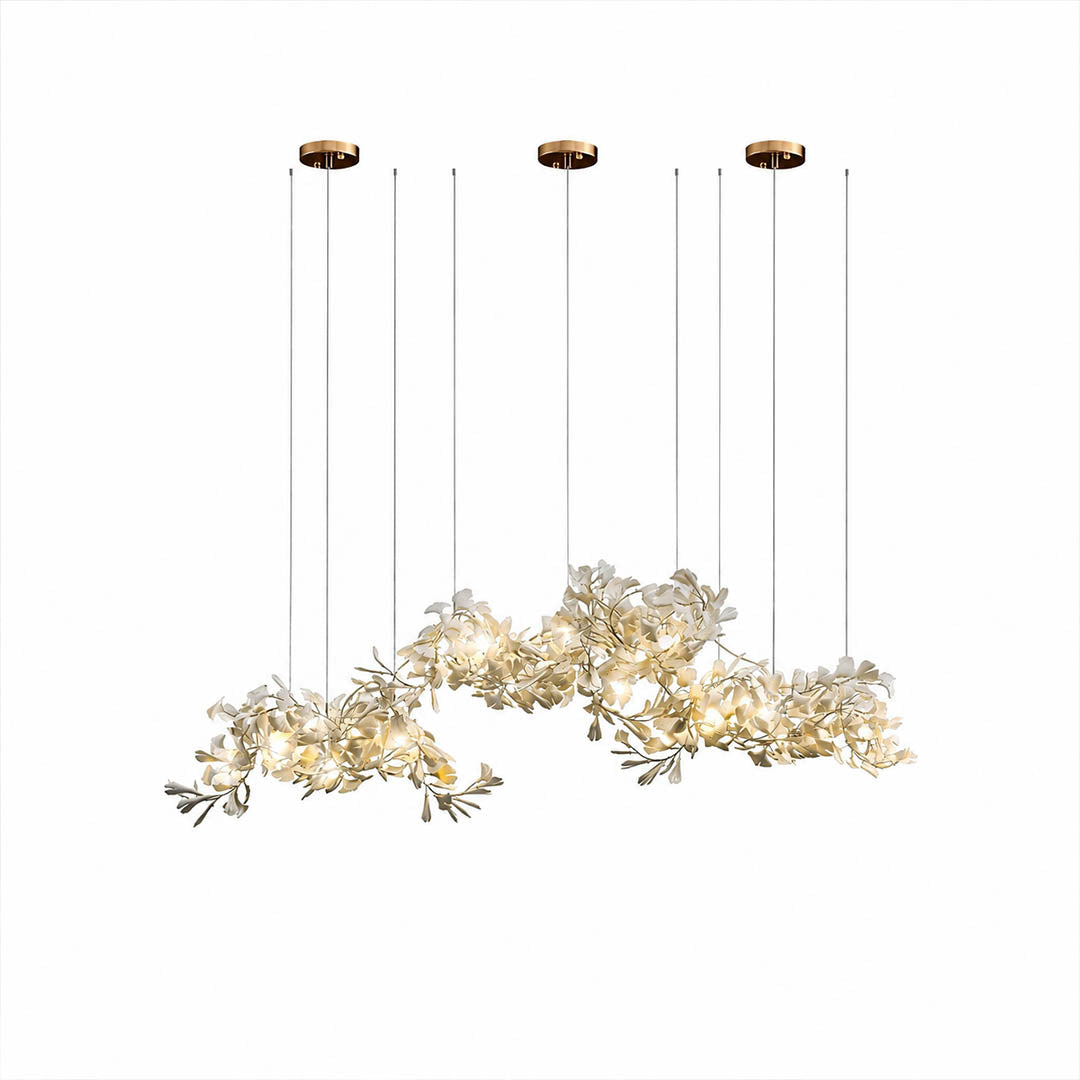 Gingko Chandelier Style I linear vertical 78.7 inch spliced handcrafted porcelain ginkgo leaves Rose Gold frame ceramic G9 sockets modern mid century tall dining staircase statement white background