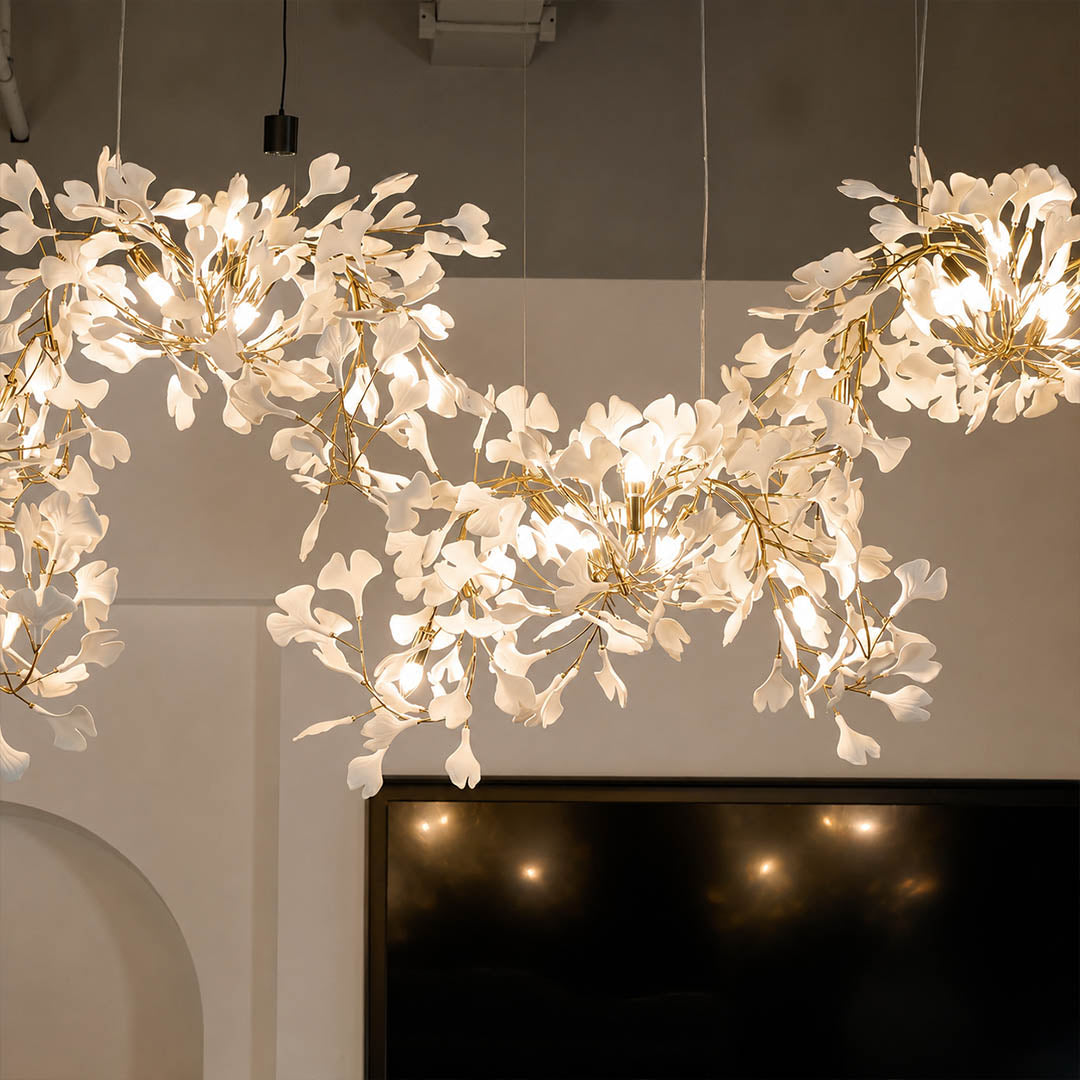 Gingko Chandelier Style I 4 piece composite spliced modular multi light structure junction box installation architectural detail close up