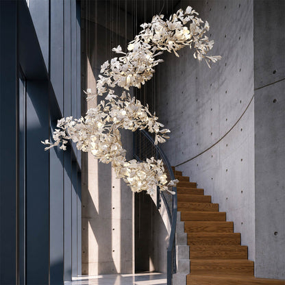 Gingko Chandelier Style I linear vertical 118.1 inch 3 story staircase open volume architectural statement mid century modern sculptural botanical warm ambient lifestyle interior
