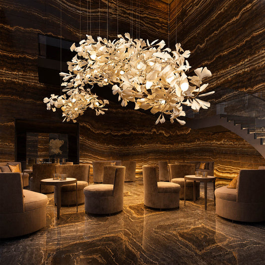 Gingko Chandelier Style I linear vertical 118.1 inch boutique hotel lobby hospitality commercial statement mid century modern architectural botanical warm ambient lifestyle interior