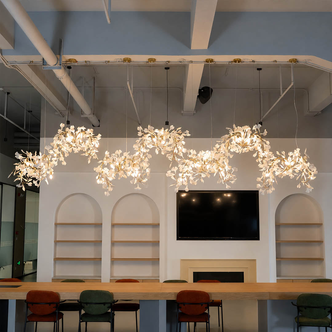 Gingko Chandelier Style I linear vertical 118.1 inch boutique hotel lobby hospitality commercial statement mid century modern architectural botanical warm ambient lifestyle interior