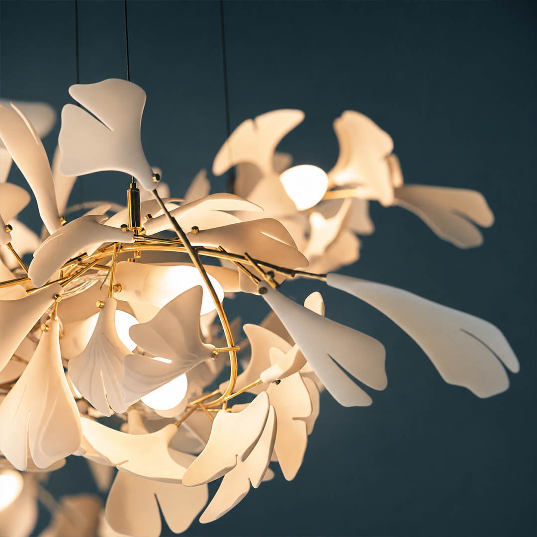 Gingko Chandelier Style J hand glazed porcelain flawless glossy finish consistent artisan detail close up premium