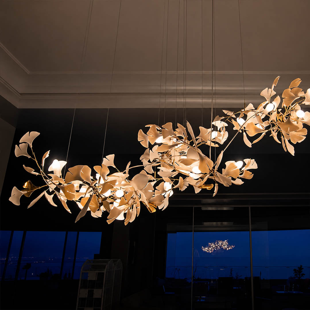 Gingko Chandelier Style J linear 78.7 inch modern dining room 8 seat walnut long table statement mid century warm ambient botanical elegant lifestyle interior