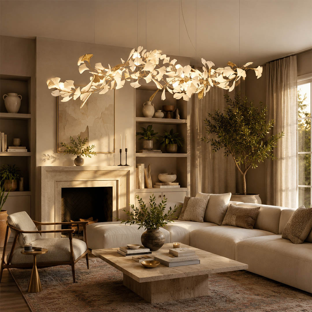 Gingko Chandelier Style J linear 118.1 inch fine dining restaurant private dining 12 seat hospitality commercial mid century modern warm ambient botanical lifestyle interior