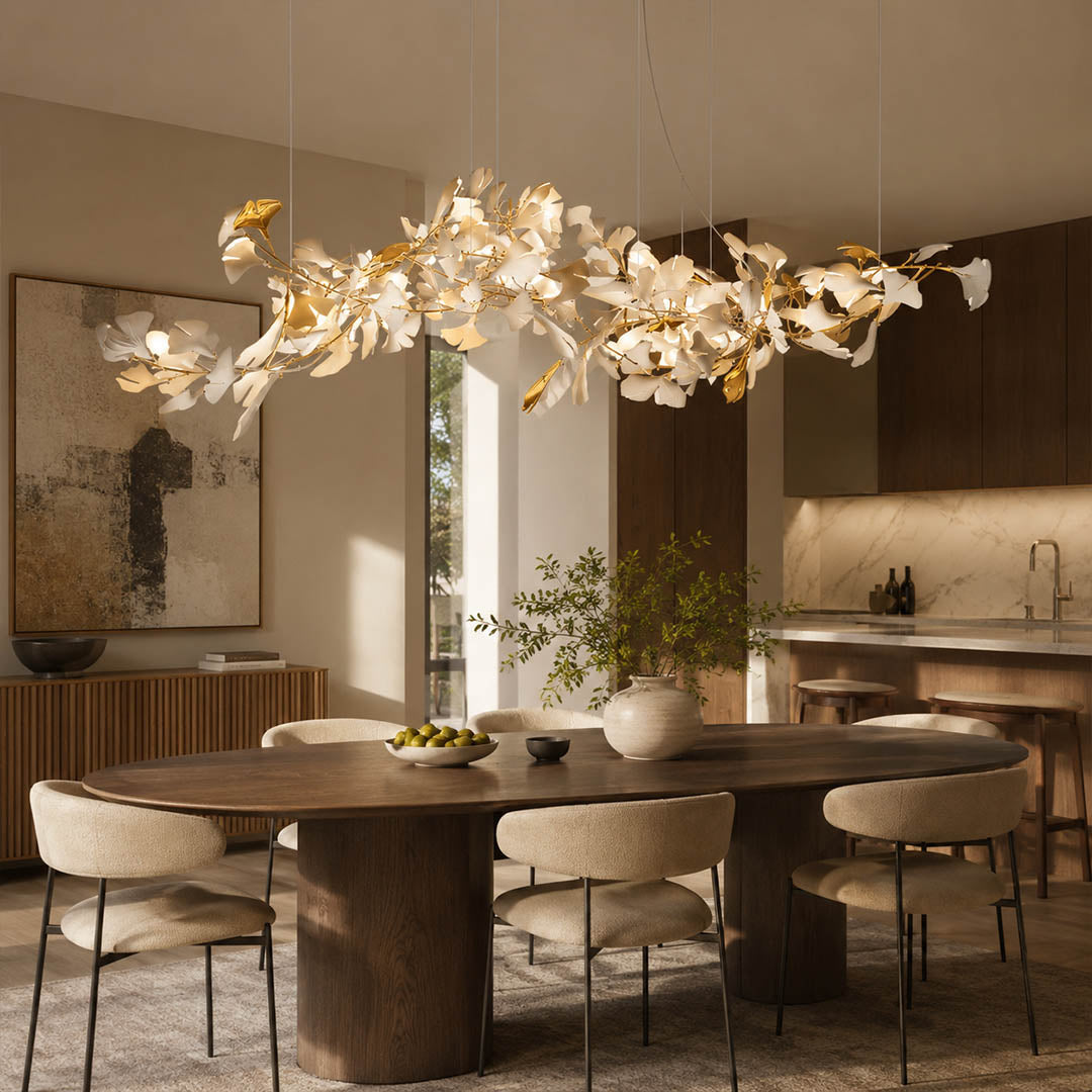 Gingko Chandelier Style J linear 118.1 inch fine dining restaurant private dining 12 seat hospitality commercial mid century modern warm ambient botanical lifestyle interior