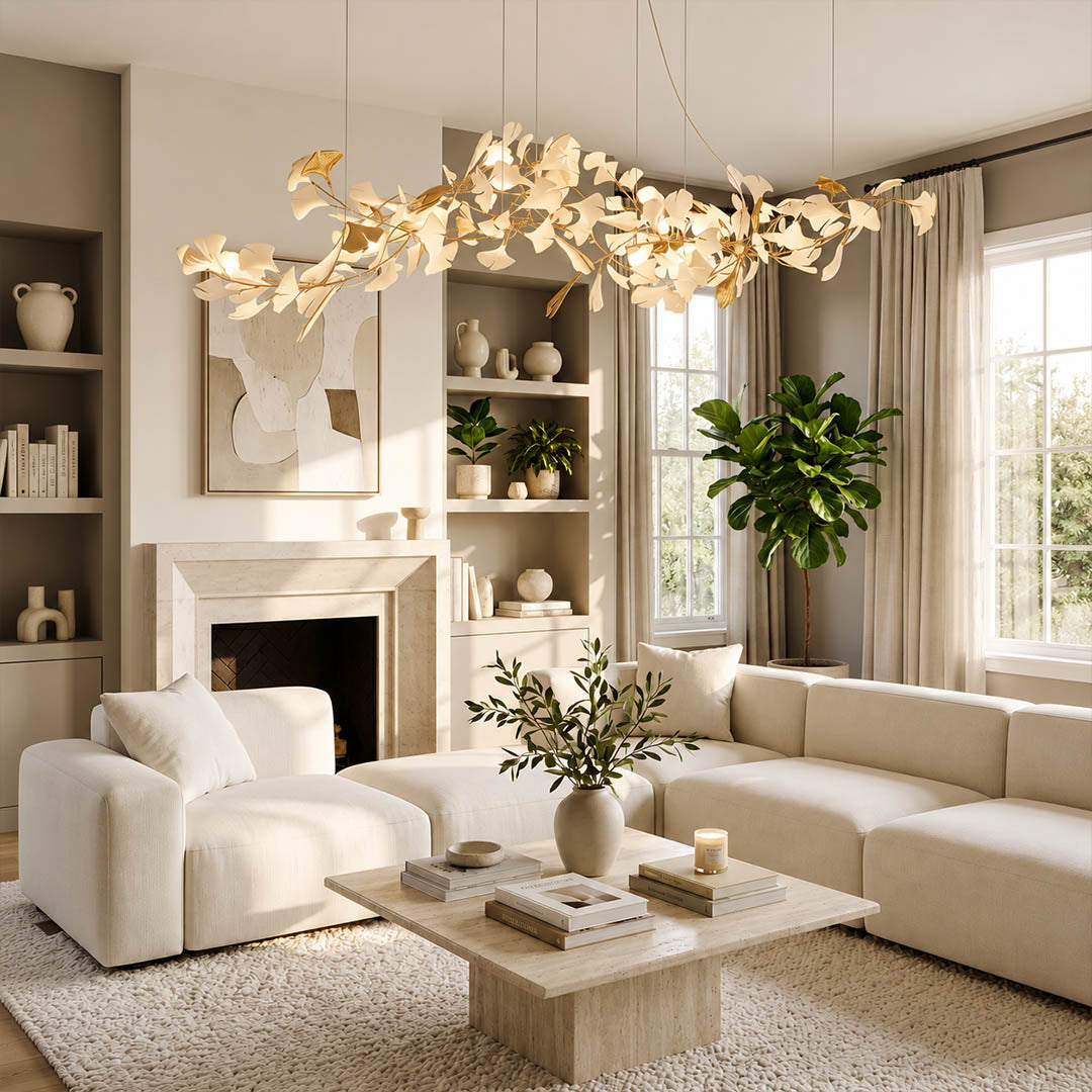 Gingko Chandelier Style J linear 78.7 inch modern dining room 8 seat walnut long table statement mid century warm ambient botanical elegant lifestyle interior