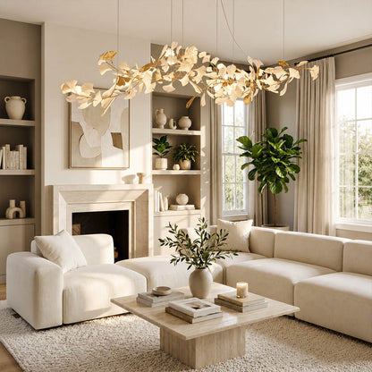 Gingko Chandelier Style J linear 78.7 inch modern dining room 8 seat walnut long table statement mid century warm ambient botanical elegant lifestyle interior
