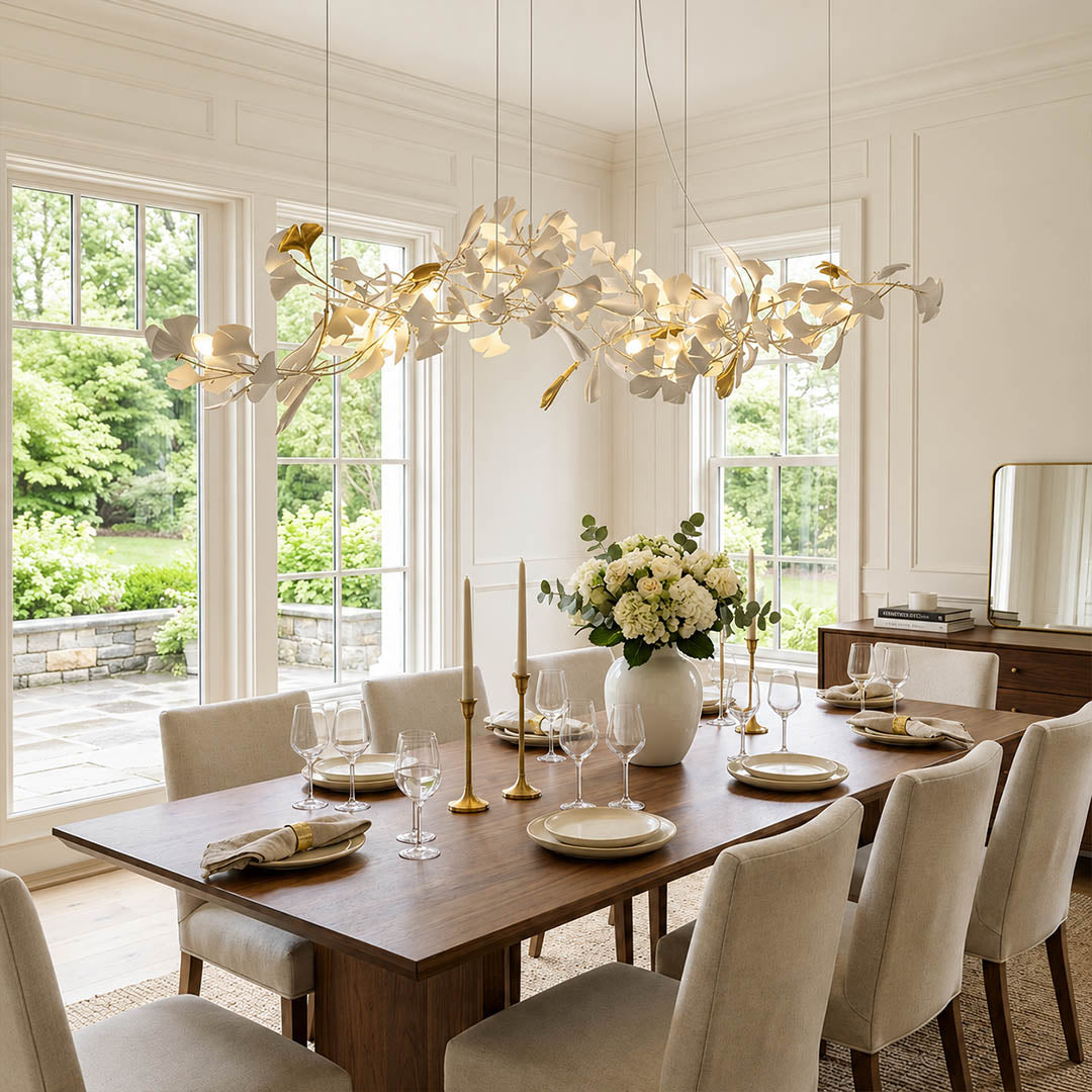 Gingko Chandelier Style J linear 118.1 inch fine dining restaurant private dining 12 seat hospitality commercial mid century modern warm ambient botanical lifestyle interior
