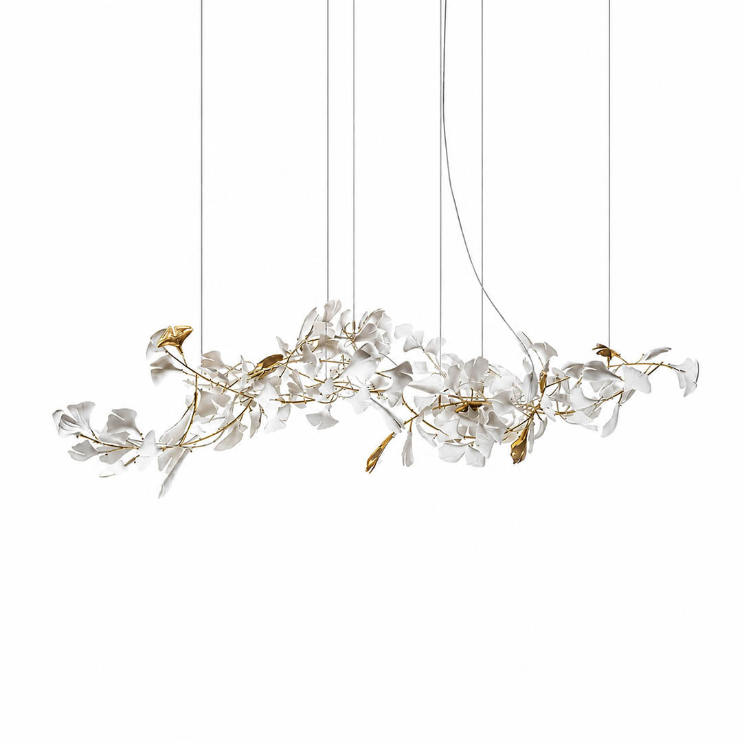 Gingko Chandelier Style J linear 47.2 inch handcrafted porcelain ginkgo leaves Rose Gold frame ceramic 10 G9 sockets modern mid century residential dining kitchen island white background