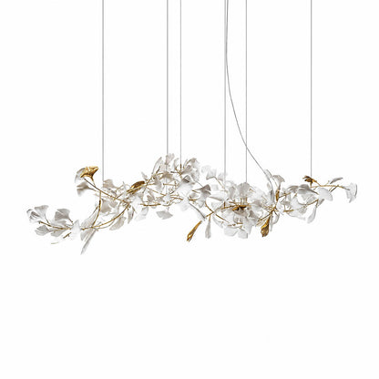 Gingko Chandelier Style J linear 47.2 inch handcrafted porcelain ginkgo leaves Rose Gold frame ceramic 10 G9 sockets modern mid century residential dining kitchen island white background