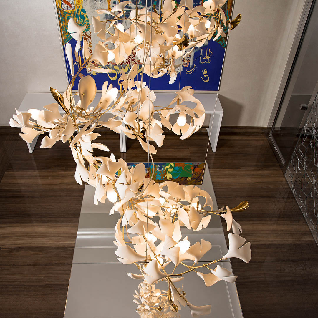 Gingko Chandelier Style J linear 47.2 inch modern kitchen island marble counter mid century warm ambient statement botanical lifestyle interior