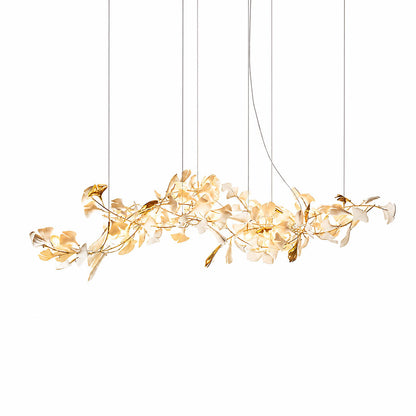 Gingko Chandelier Style J linear 47.2 inch handcrafted porcelain ginkgo leaves Rose Gold frame ceramic 10 G9 sockets modern mid century residential dining kitchen island white background