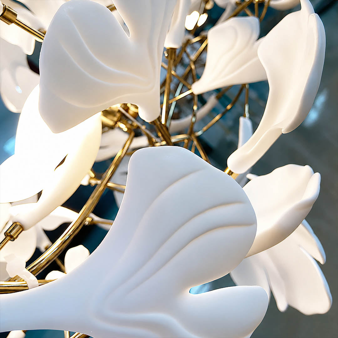 Gingko Chandelier Style J hand glazed porcelain flawless glossy finish consistent artisan detail close up premium