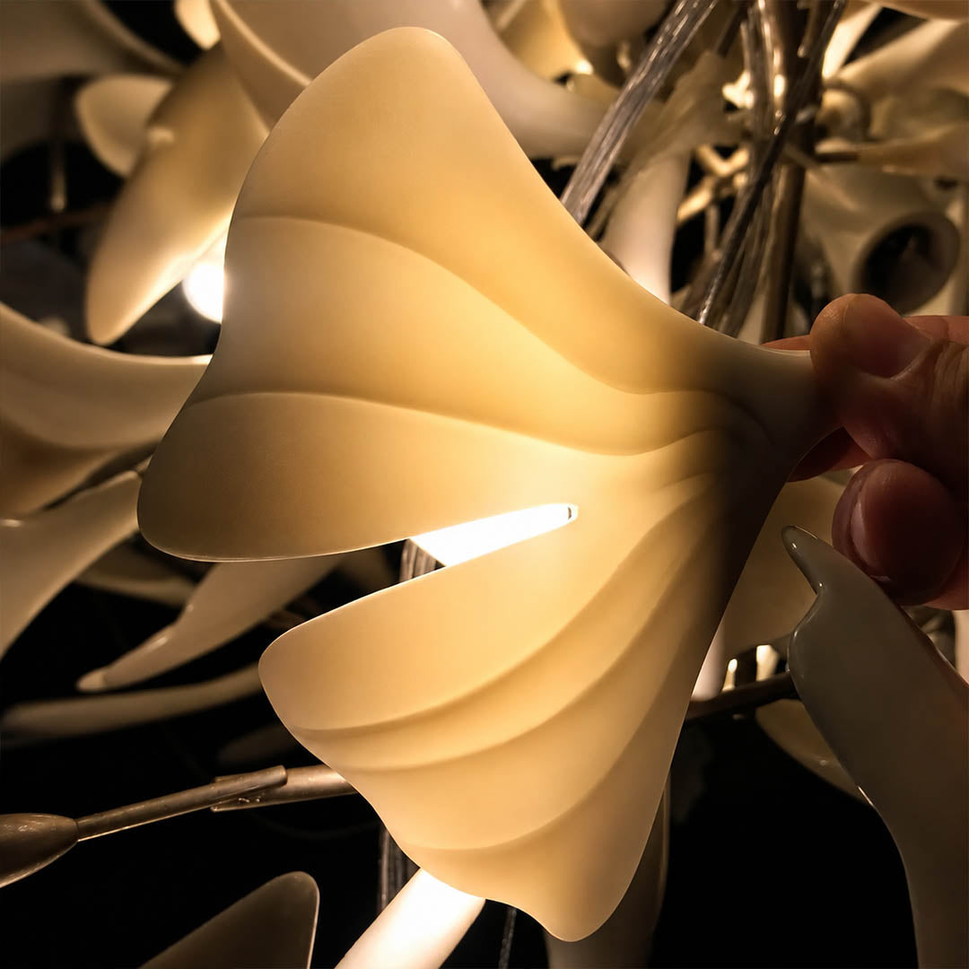 Gingko Chandelier Style J single ceramic hand glazed porcelain ginkgo leaf matte white botanical detail close up craftsmanship