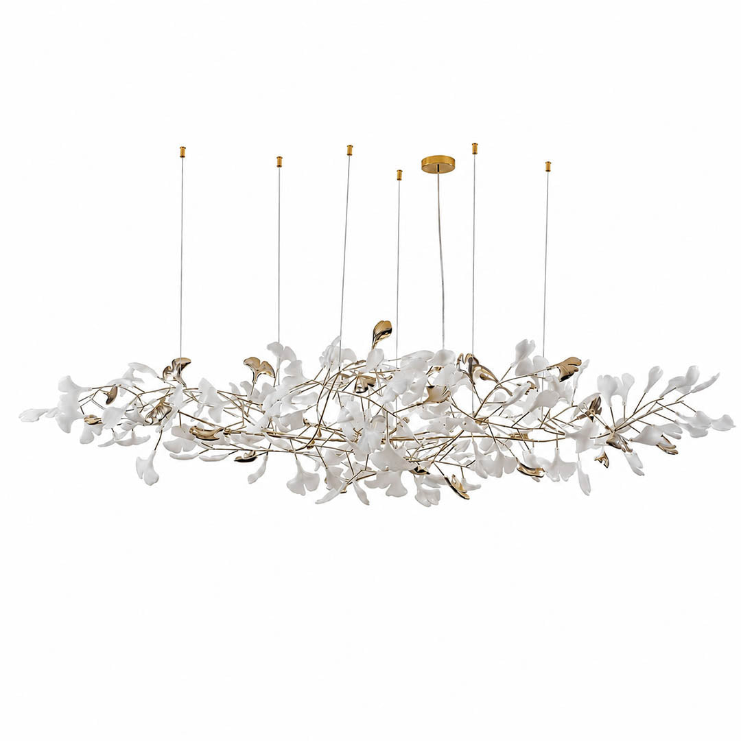 Gingko Chandelier Style K Model A linear horizontal 78.7 inch flat handcrafted porcelain ginkgo leaves Rose Gold frame ceramic 12 G9 sockets modern mid century long dining table kitchen island white background