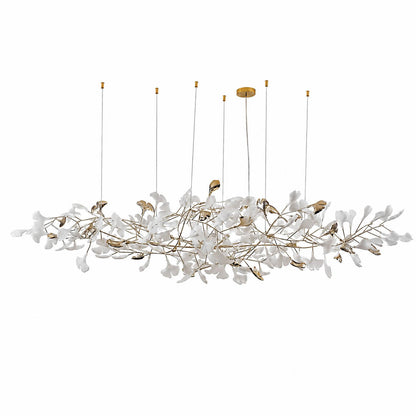 Gingko Chandelier Style K Model A linear horizontal 78.7 inch flat handcrafted porcelain ginkgo leaves Rose Gold frame ceramic 12 G9 sockets modern mid century long dining table kitchen island white background