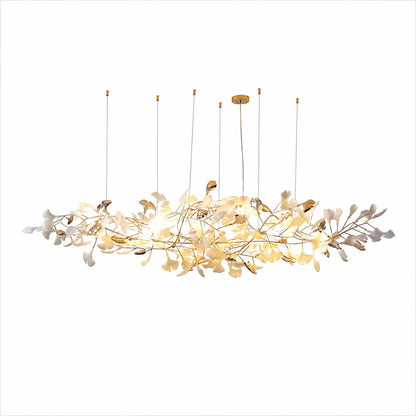 Gingko Chandelier Style K Model A linear horizontal 98.4 inch flat handcrafted porcelain ginkgo leaves Rose Gold frame ceramic 16 G9 sockets modern mid century long dining table kitchen island statement white background