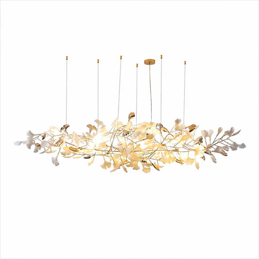 Gingko Chandelier Style K Model A linear horizontal 98.4 inch flat handcrafted porcelain ginkgo leaves Rose Gold frame ceramic 16 G9 sockets modern mid century long dining table kitchen island statement white background