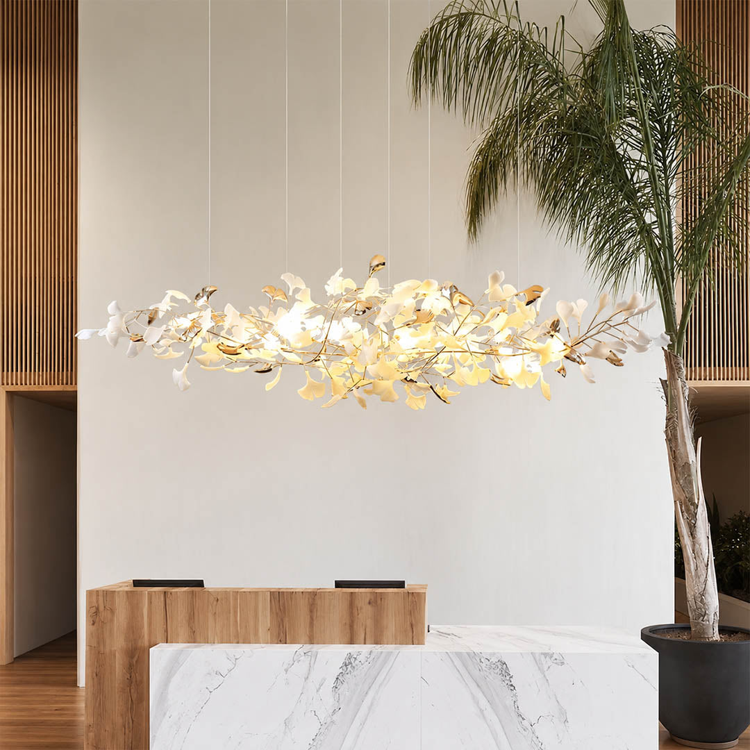 Gingko Chandelier Style K Model B linear horizontal drop 98.4 inch boutique hotel lobby hospitality commercial statement mid century modern botanical warm ambient lifestyle interior