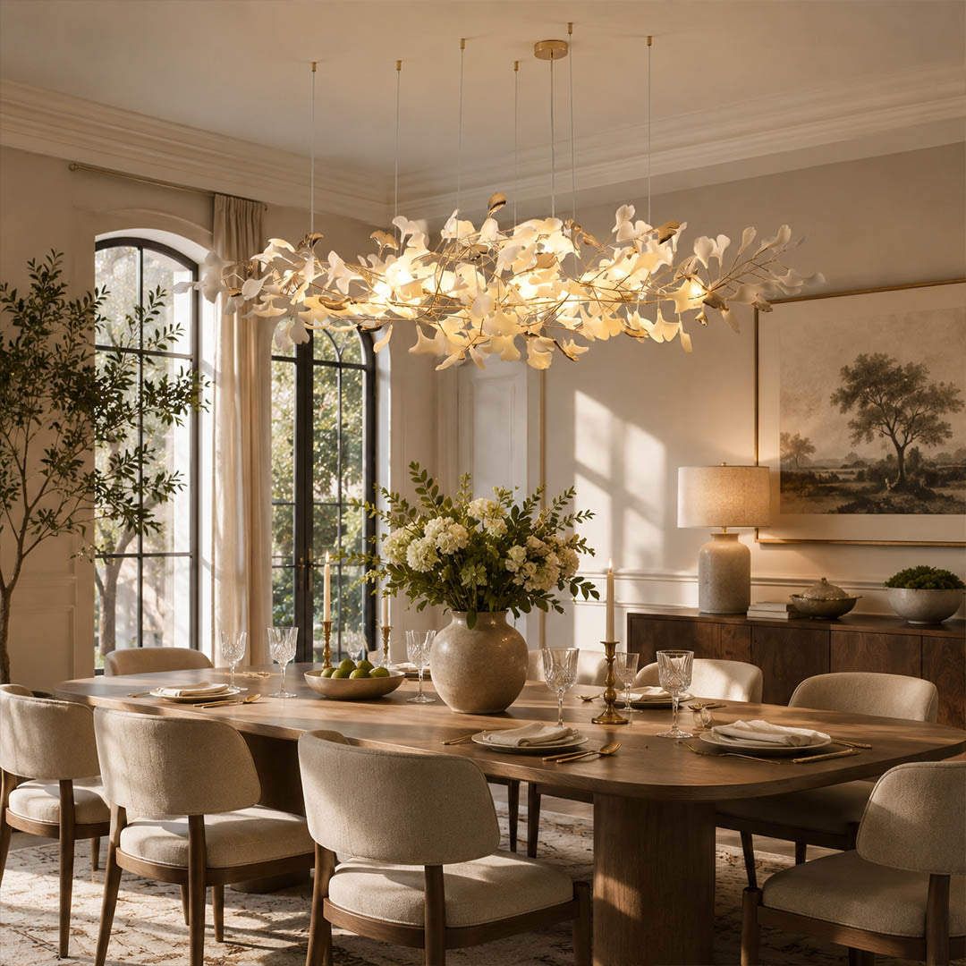 Gingko Chandelier Style K Model B linear horizontal drop 98.4 inch modern dining room 10 seat long walnut table statement mid century warm ambient sculptural botanical elegant lifestyle interior