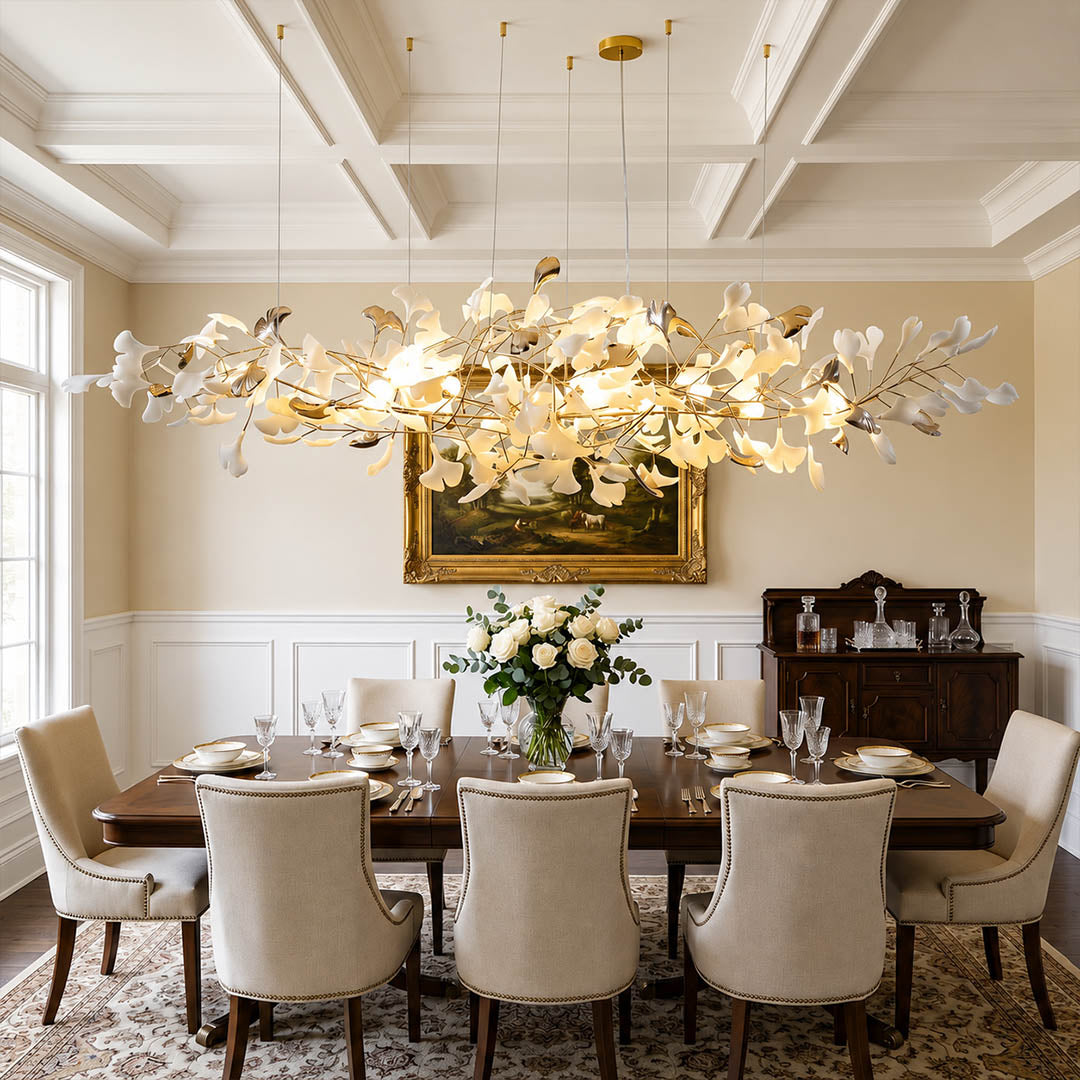 Gingko Chandelier Style K Model B linear horizontal drop 98.4 inch modern dining room 10 seat long walnut table statement mid century warm ambient sculptural botanical elegant lifestyle interior