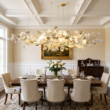 Gingko Chandelier Style K Model B linear horizontal drop 98.4 inch modern dining room 10 seat long walnut table statement mid century warm ambient sculptural botanical elegant lifestyle interior