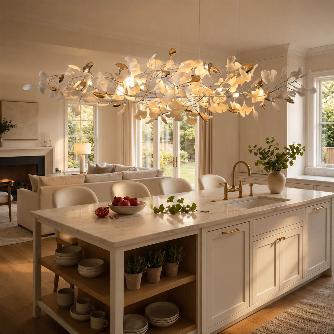 Gingko Chandelier Style K Model A linear horizontal 98.4 inch flat kitchen island long counter marble modern mid century statement botanical warm ambient lifestyle interior