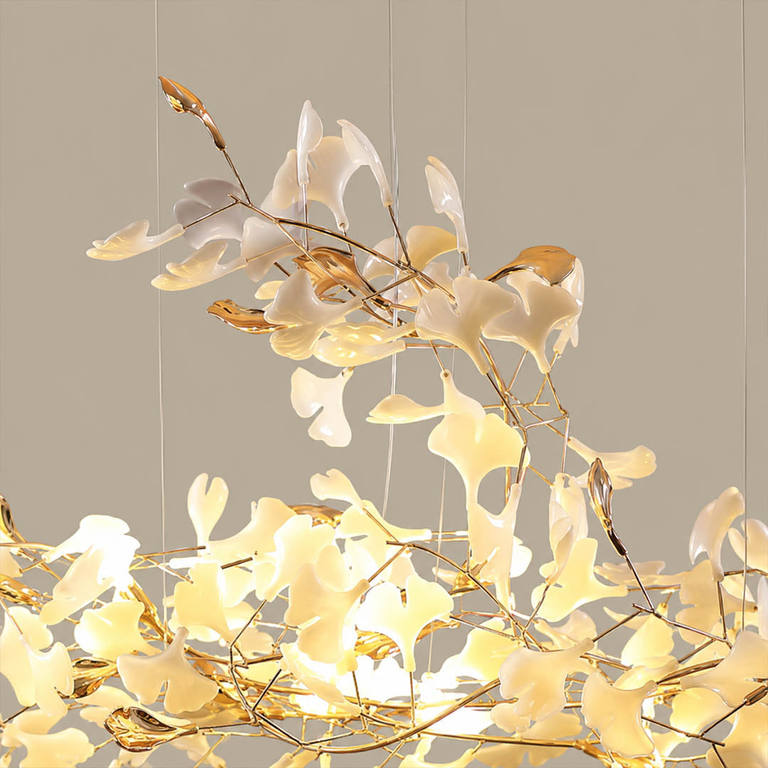 Gingko Chandelier Style K multiple G9 exposed warm bulbs constellation-like point source illumination even distribution detail close up mid century
