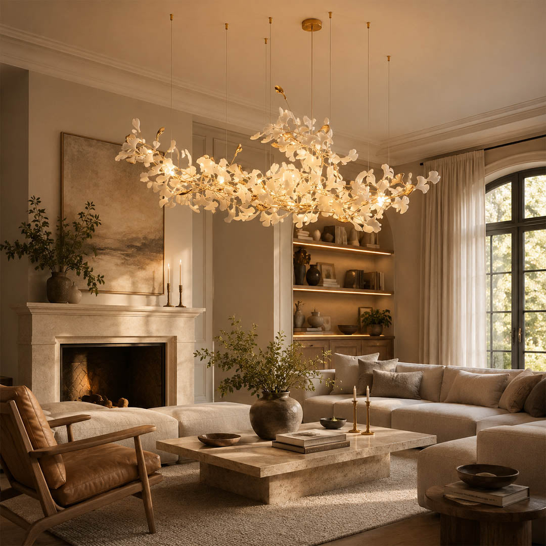 Gingko Chandelier Style K Model B linear horizontal drop XL 118.1 inch formal dining room 12 seat mid century modern architectural sculptural botanical warm ambient lifestyle interior