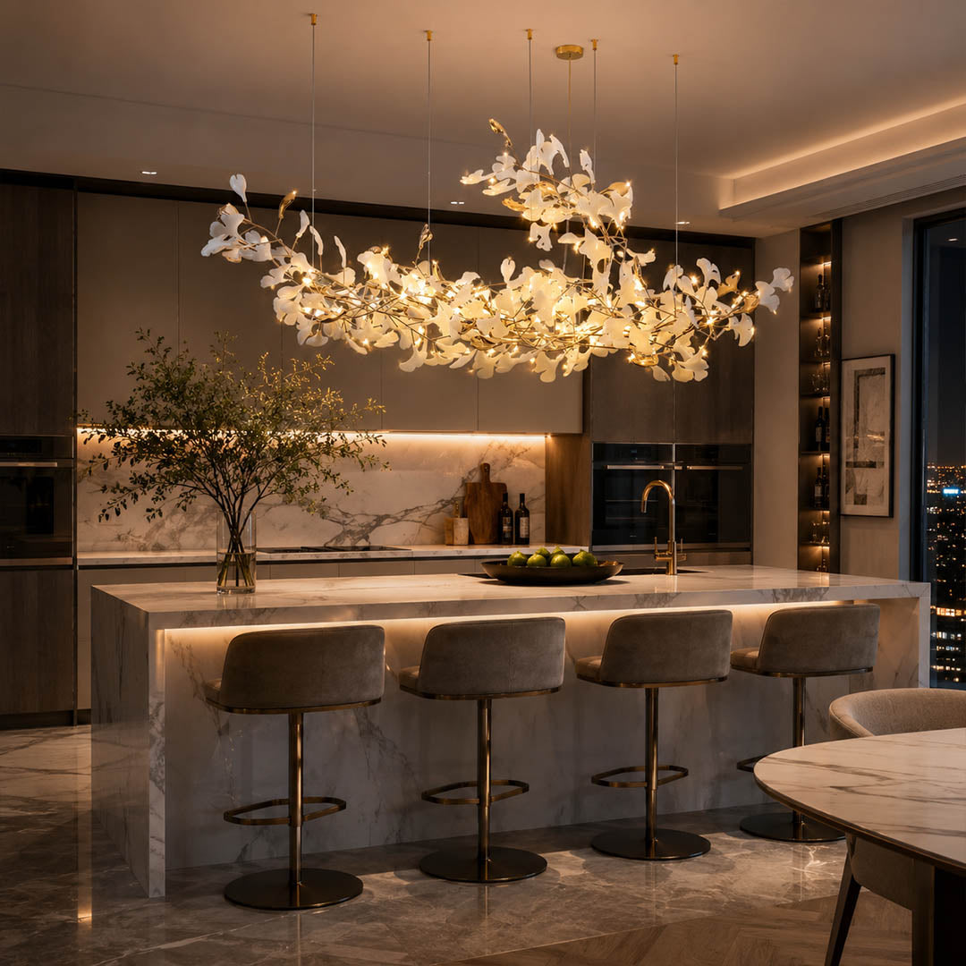 Gingko Chandelier Style K Model A linear horizontal 98.4 inch flat kitchen island long counter marble modern mid century statement botanical warm ambient lifestyle interior