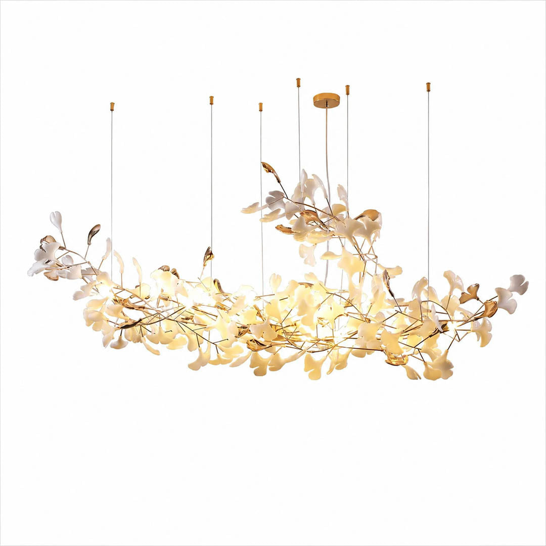 Gingko Chandelier Style K Model B linear horizontal drop 98.4 inch handcrafted porcelain ginkgo leaves Rose Gold frame ceramic 16 G9 sockets modern mid century long dining table statement sculptural drop white background