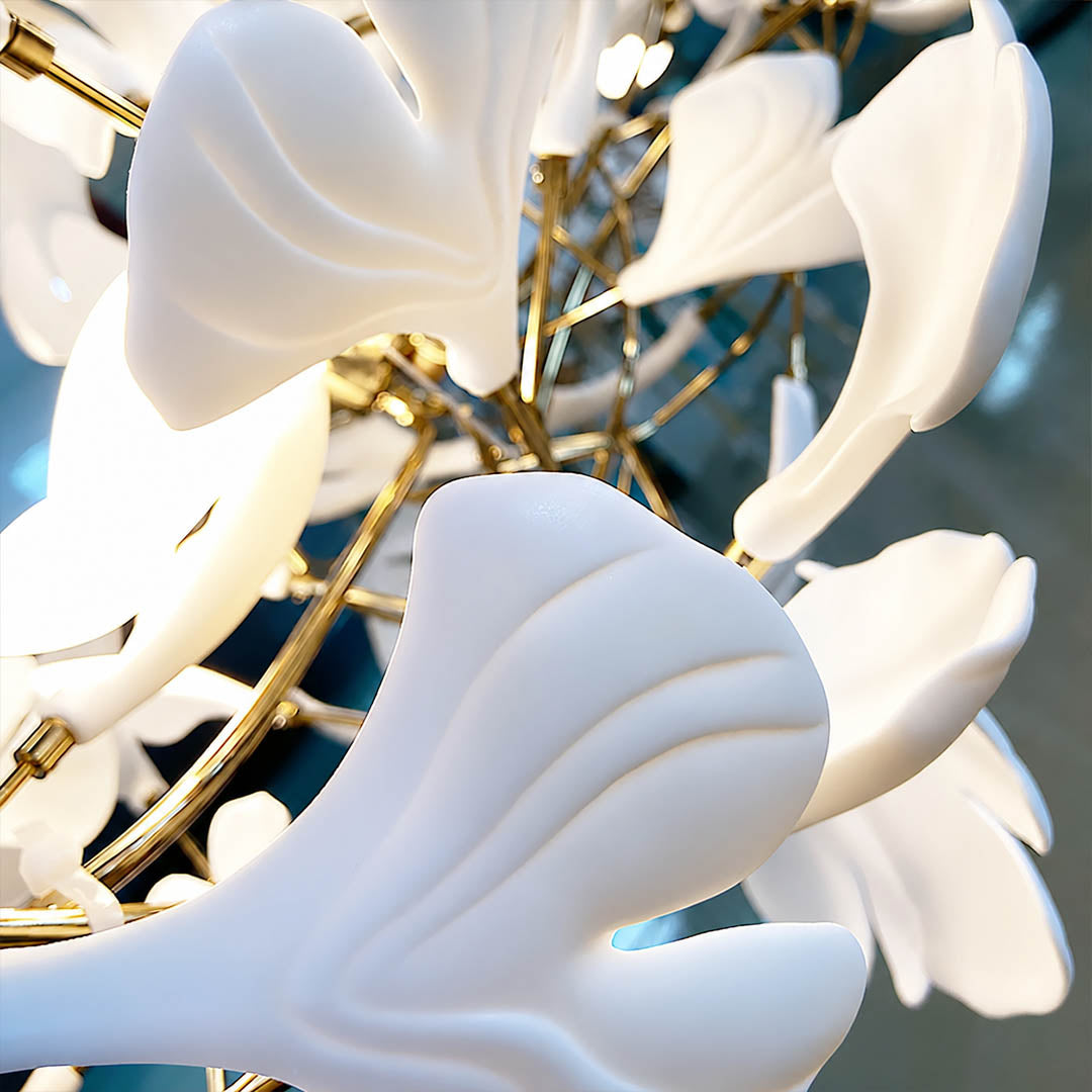 Gingko Chandelier Style K single ceramic hand glazed porcelain ginkgo leaf matte white botanical detail close up craftsmanship