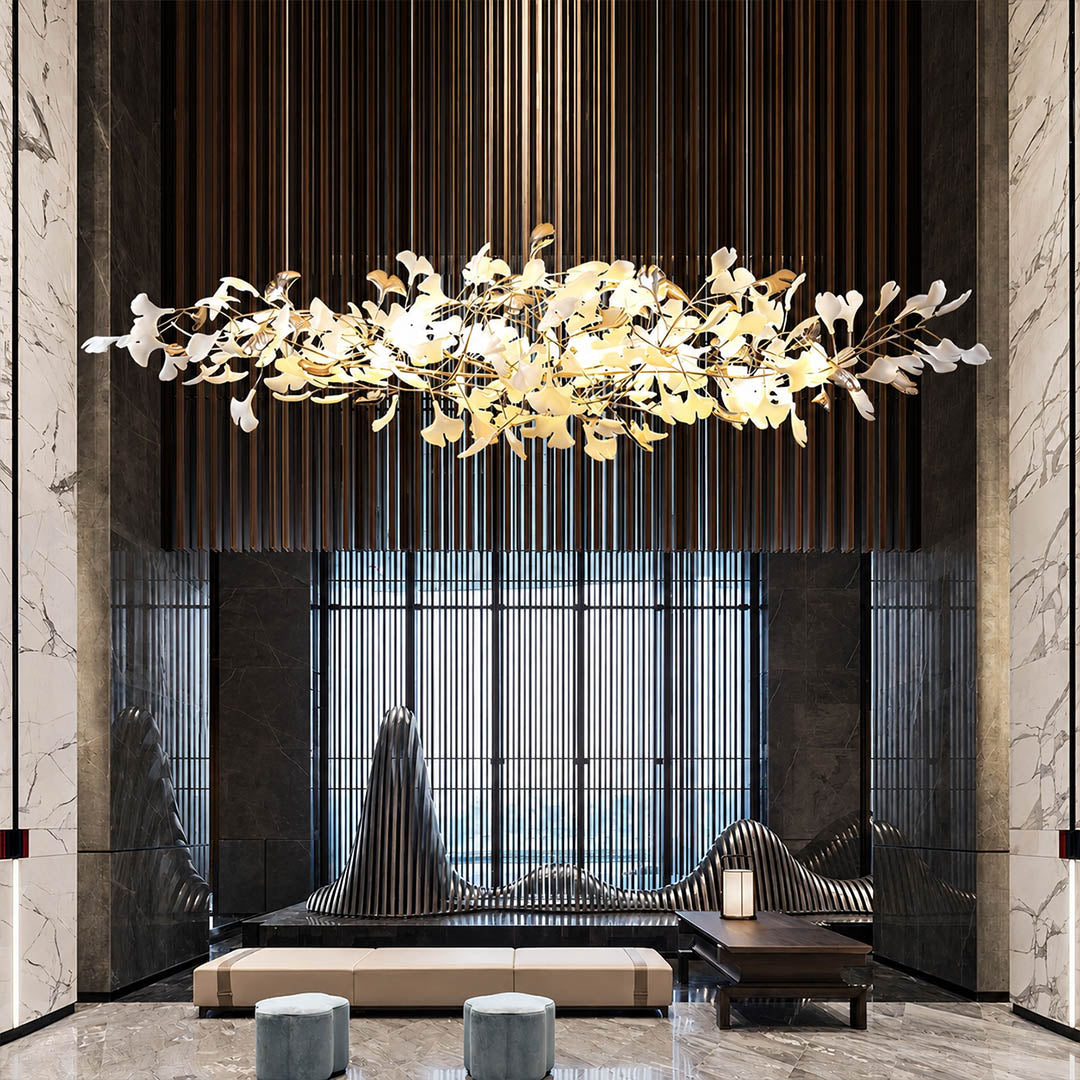 Gingko Chandelier Style K Model B linear horizontal drop 98.4 inch boutique hotel lobby hospitality commercial statement mid century modern botanical warm ambient lifestyle interior