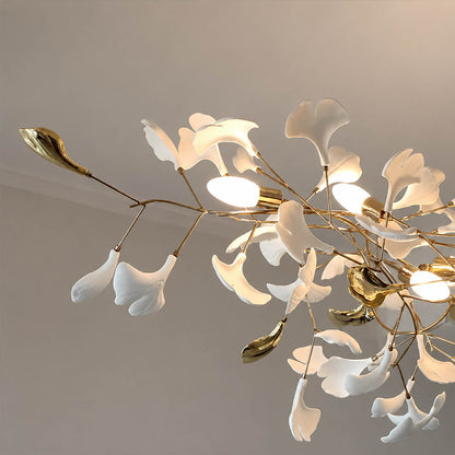 Gingko Chandelier Style K hand glazed porcelain patient handcrafted individual ginkgo leaves artisan atelier detail close up premium