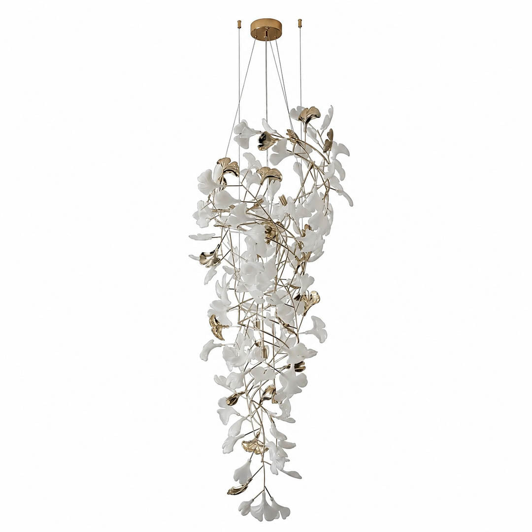 Gingko Chandelier Style L Model B round vertical 27.6 inch handcrafted porcelain ginkgo leaves Rose Gold frame ceramic modern mid century dining primary bedroom white background