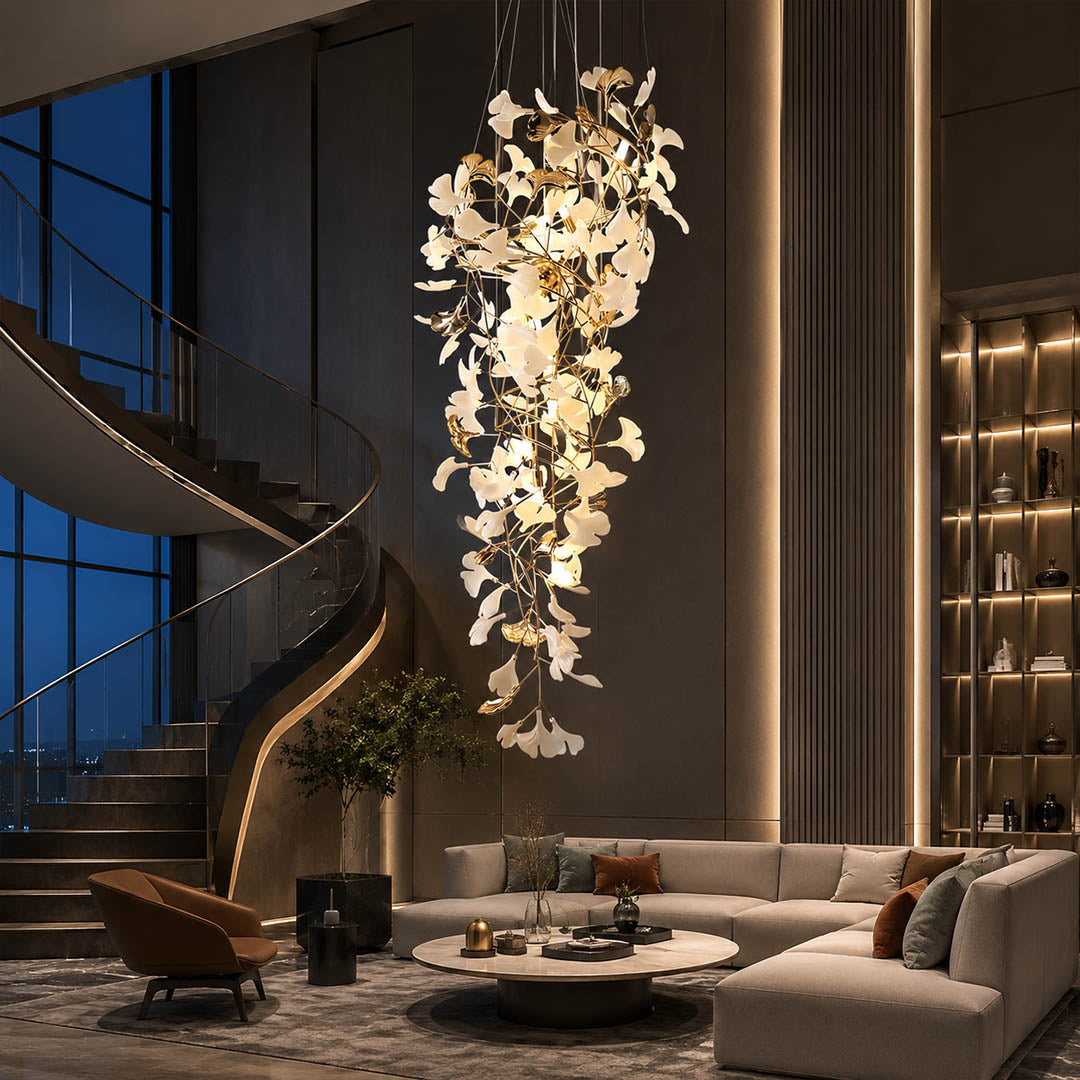 Gingko Chandelier Style L Model B round vertical 31.5 inch modern living room walnut credenza seating group statement mid century botanical warm ambient lifestyle interior