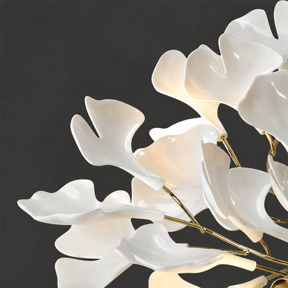 Gingko Chandelier Style L single ceramic hand glazed porcelain ginkgo leaf ivory white matte finish botanical detail close up craftsmanship