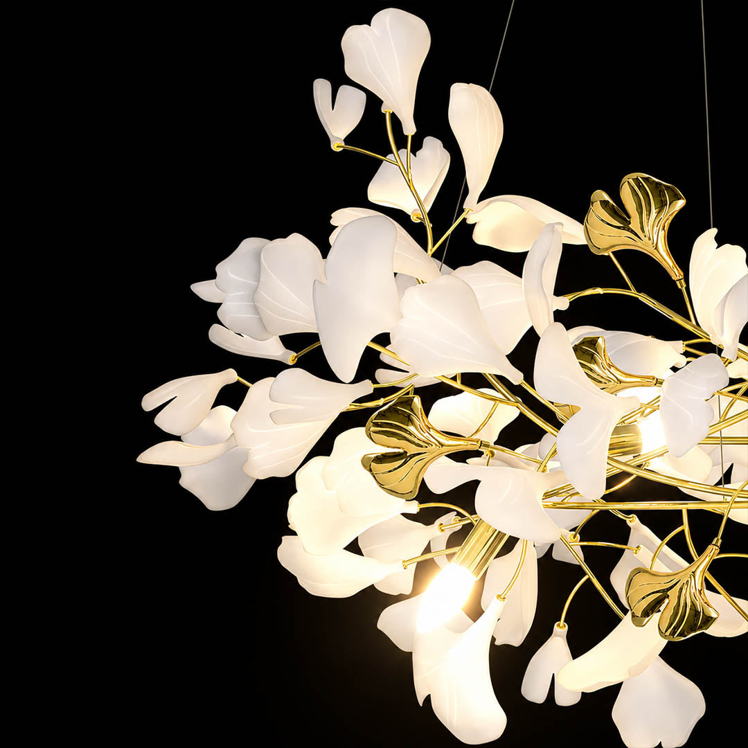 Gingko Chandelier Style L single ceramic hand glazed porcelain ginkgo leaf ivory white matte finish botanical detail close up craftsmanship