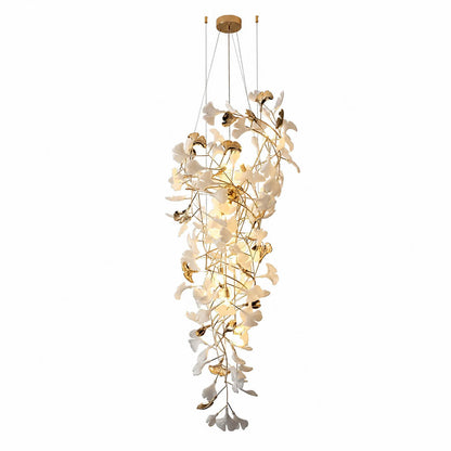 Gingko Chandelier Style L Model B round vertical 27.6 inch handcrafted porcelain ginkgo leaves Rose Gold frame ceramic modern mid century dining primary bedroom white background