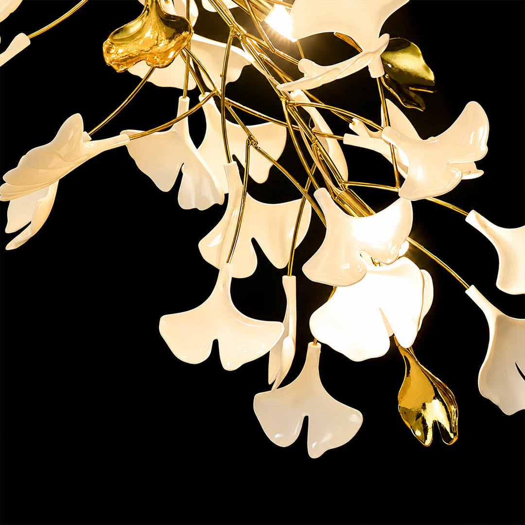 Gingko Chandelier Style L G9 exposed warm bulbs sparkling constellation point source illumination detail close up mid century