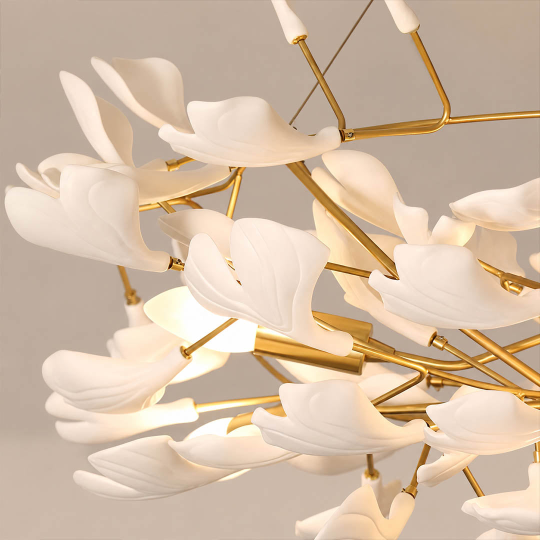 Gingko Chandelier Style L Rose Gold metal frame polished sophisticated warm pink gold finish detail close up architectural