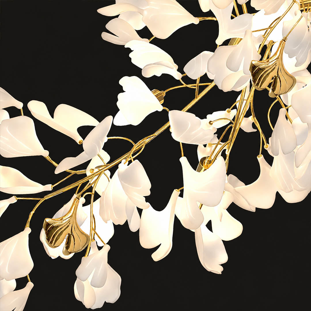 Gingko Chandelier Style L single ceramic hand glazed porcelain ginkgo leaf ivory white matte finish botanical detail close up craftsmanship