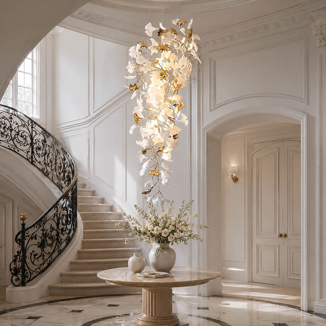 Gingko Chandelier Style L Model B round vertical XL 39.4 inch double height foyer staircase entryway statement mid century modern architectural botanical warm ambient lifestyle interior