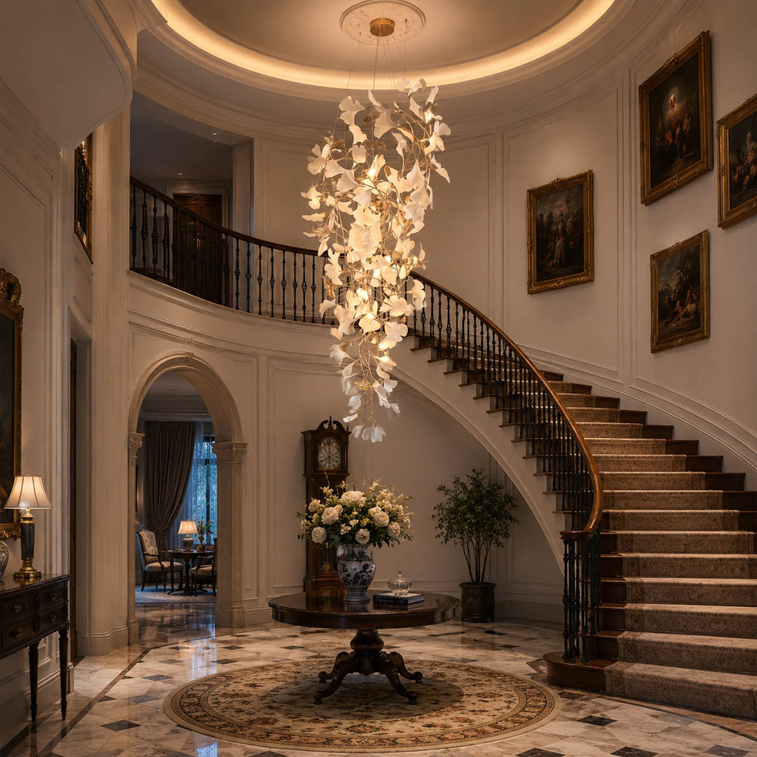 Gingko Chandelier Style L Model A linear rectangular staircase 2 3 story home statement mid century modern architectural botanical warm ambient lifestyle interior