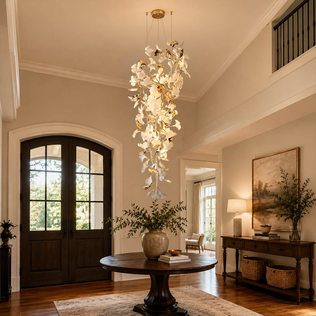 Gingko Chandelier Style L Model B round vertical XL 39.4 inch double height foyer staircase entryway statement mid century modern architectural botanical warm ambient lifestyle interior