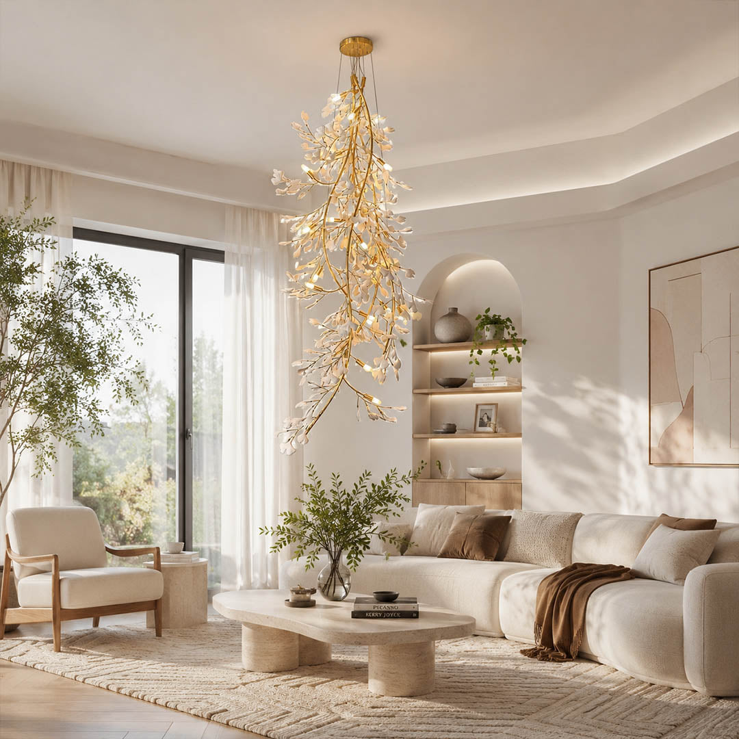 Gingko Chandelier Style L Model B round vertical 31.5 inch modern living room walnut credenza seating group statement mid century botanical warm ambient lifestyle interior