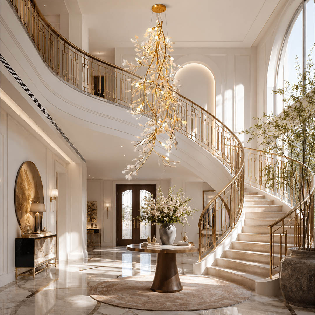 Gingko Chandelier Style L Model A linear rectangular staircase 2 3 story home statement mid century modern architectural botanical warm ambient lifestyle interior