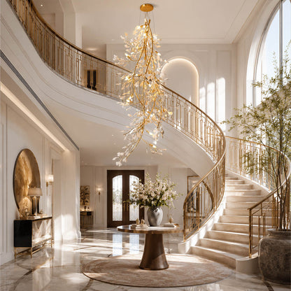 Gingko Chandelier Style L Model A linear rectangular staircase 2 3 story home statement mid century modern architectural botanical warm ambient lifestyle interior