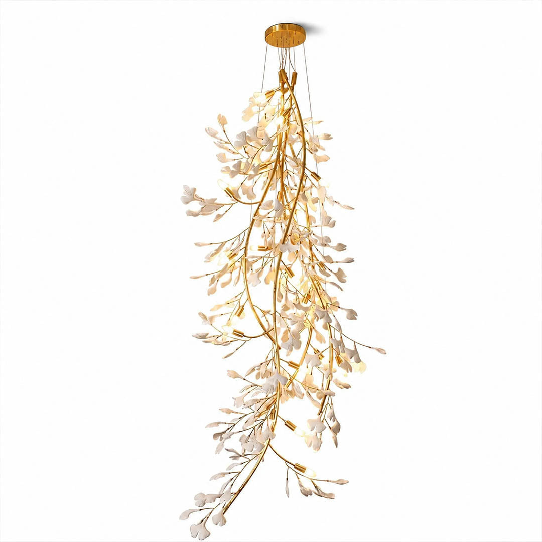Gingko Chandelier Style L Model A linear rectangular 39.3 inch handcrafted porcelain ginkgo leaves Rose Gold frame ceramic modern mid century dining long table staircase statement white background
