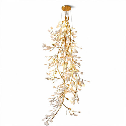Gingko Chandelier Style L Model A linear rectangular 39.3 inch handcrafted porcelain ginkgo leaves Rose Gold frame ceramic modern mid century dining long table staircase statement white background